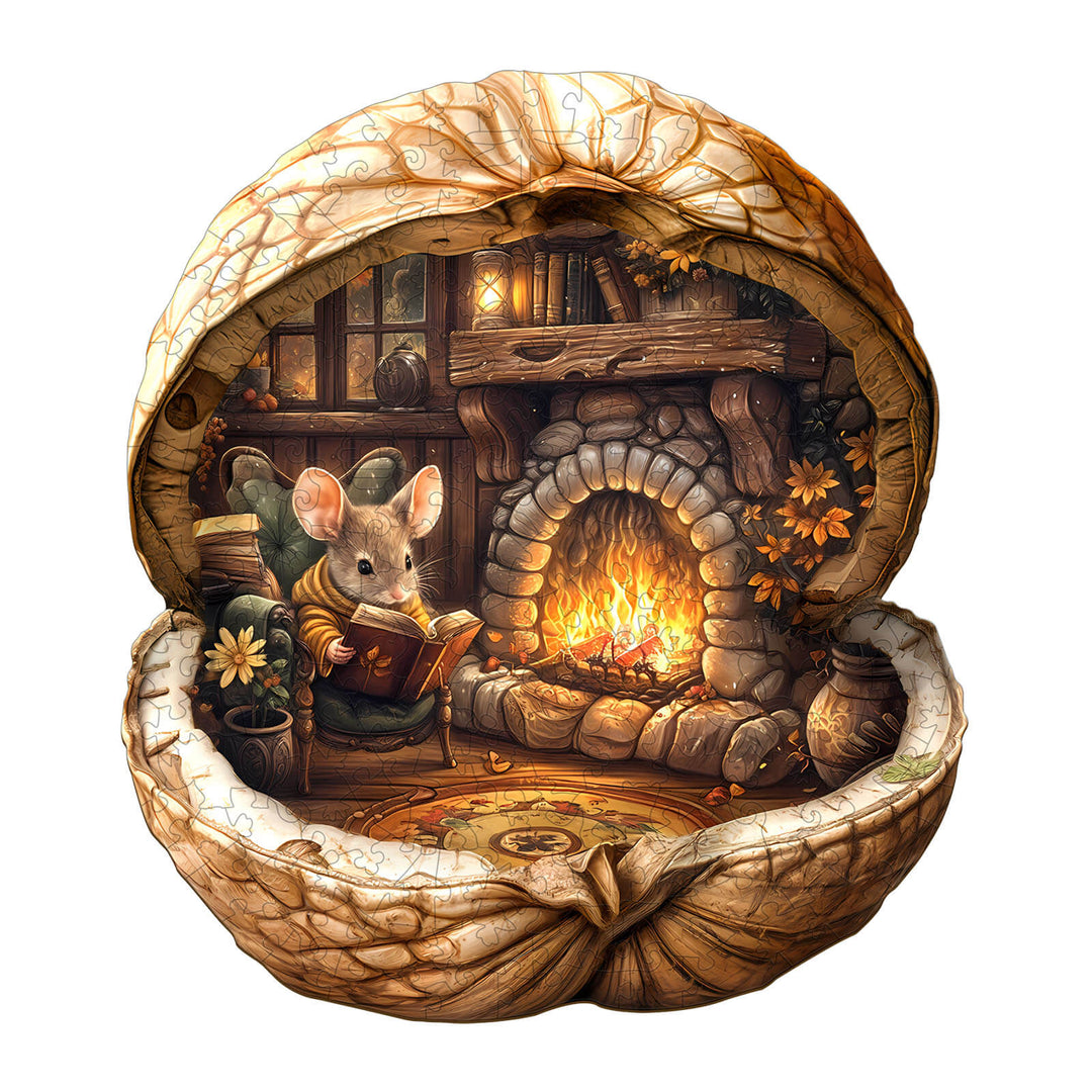 Wooden jigsaw puzzle featuring a mouse in a walnut house, reading by a cozy fireplace, designed for mind games.