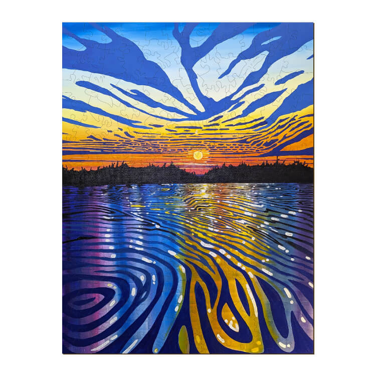 Vibrant sunset over water artwork by Sarah Bradfield, showcasing colorful reflections and abstract patterns.