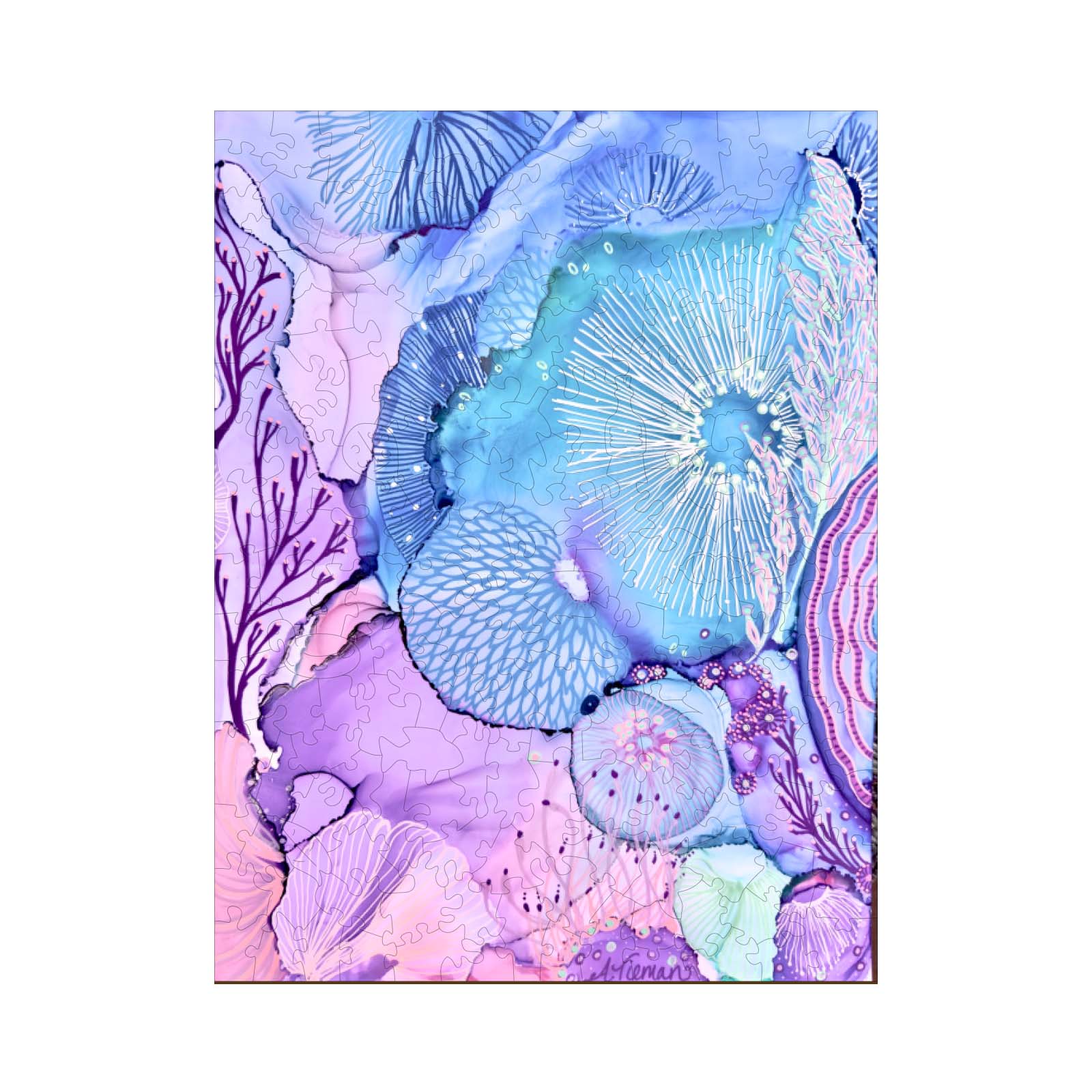 Vibrant abstract art piece 'Tidal Tranquility' by Amy Tieman featuring soft blue and purple coral-inspired patterns.