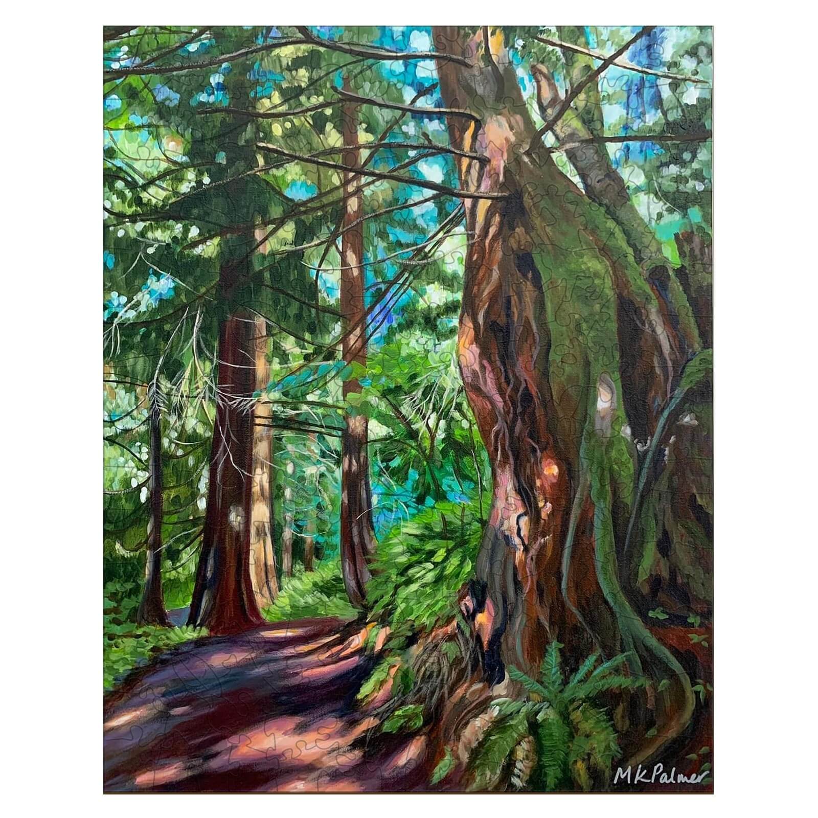 Dappled and Gnarly painting by Marianne K Palmer, showcasing a vibrant forest scene with lush greenery and a majestic tree.