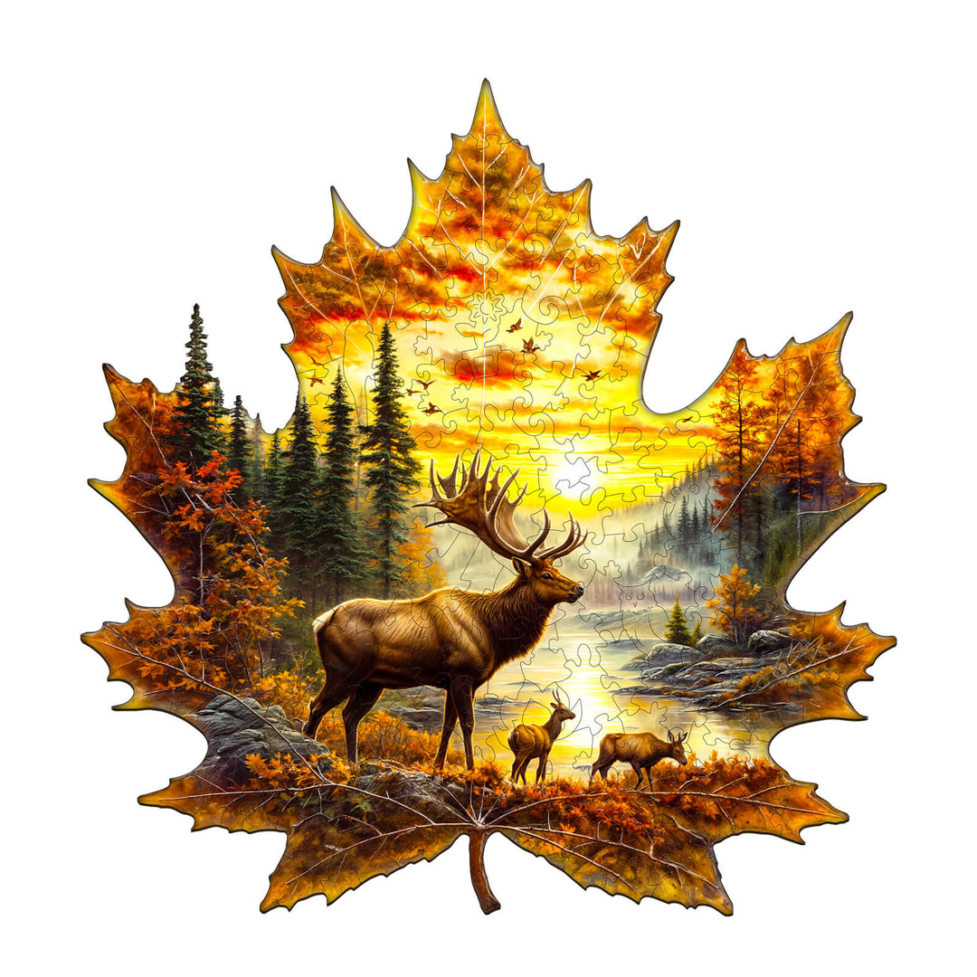 Elk and maple leaves Wooden Jigsaw Puzzle