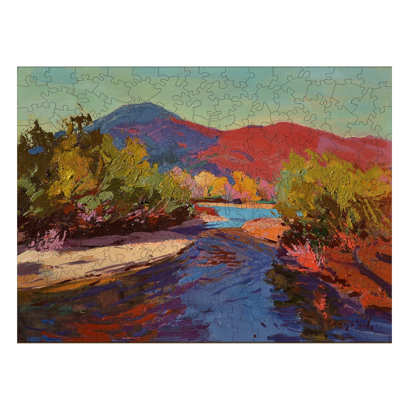 Vibrant artistic puzzle showcasing a river landscape with mountains, inspired by artist Alexander Shandor.
