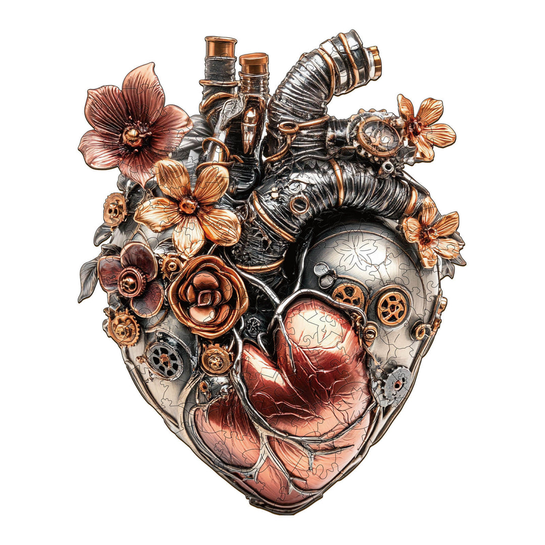 3D Mechanical Heart Wooden Jigsaw Puzzle with flowers and gears, showcasing intricate design and craftsmanship.