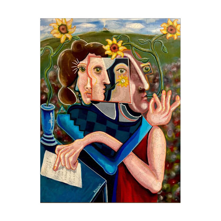 Artistic painting by Dylan Gill featuring abstract human figures and sunflowers, inspiring creativity.