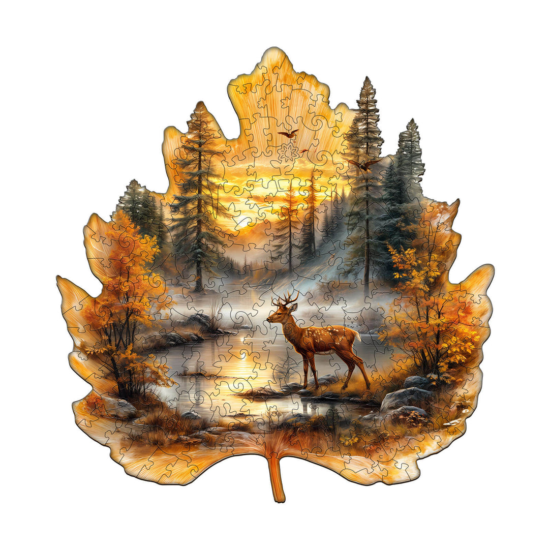 Golden Hoofprint wooden jigsaw puzzle showcasing a deer landscape in autumn colors, perfect for mind games and focus.