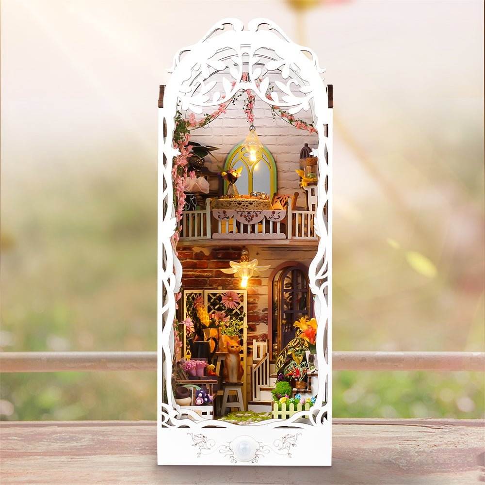 DIY Flower House 3D wooden puzzle book nook kit featuring a musical and floral design with intricate details.