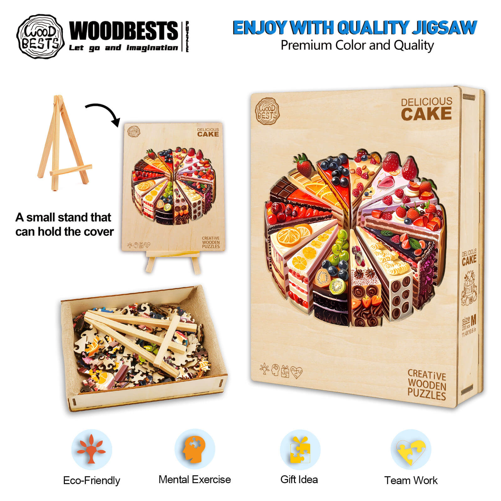 Delicious Cake wooden jigsaw puzzle box with colorful cake design, eco-friendly, perfect for mental exercise and teamwork.