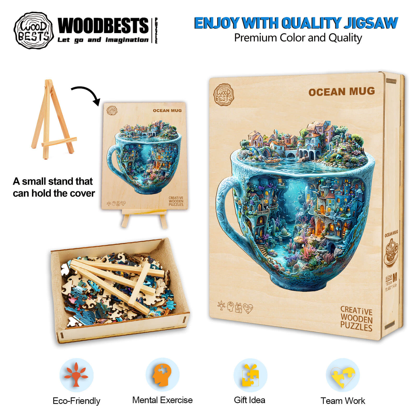 3D Ocean Mug Wooden Jigsaw Puzzle in eco-friendly box, showcasing vibrant ocean design and pieces for creative fun.