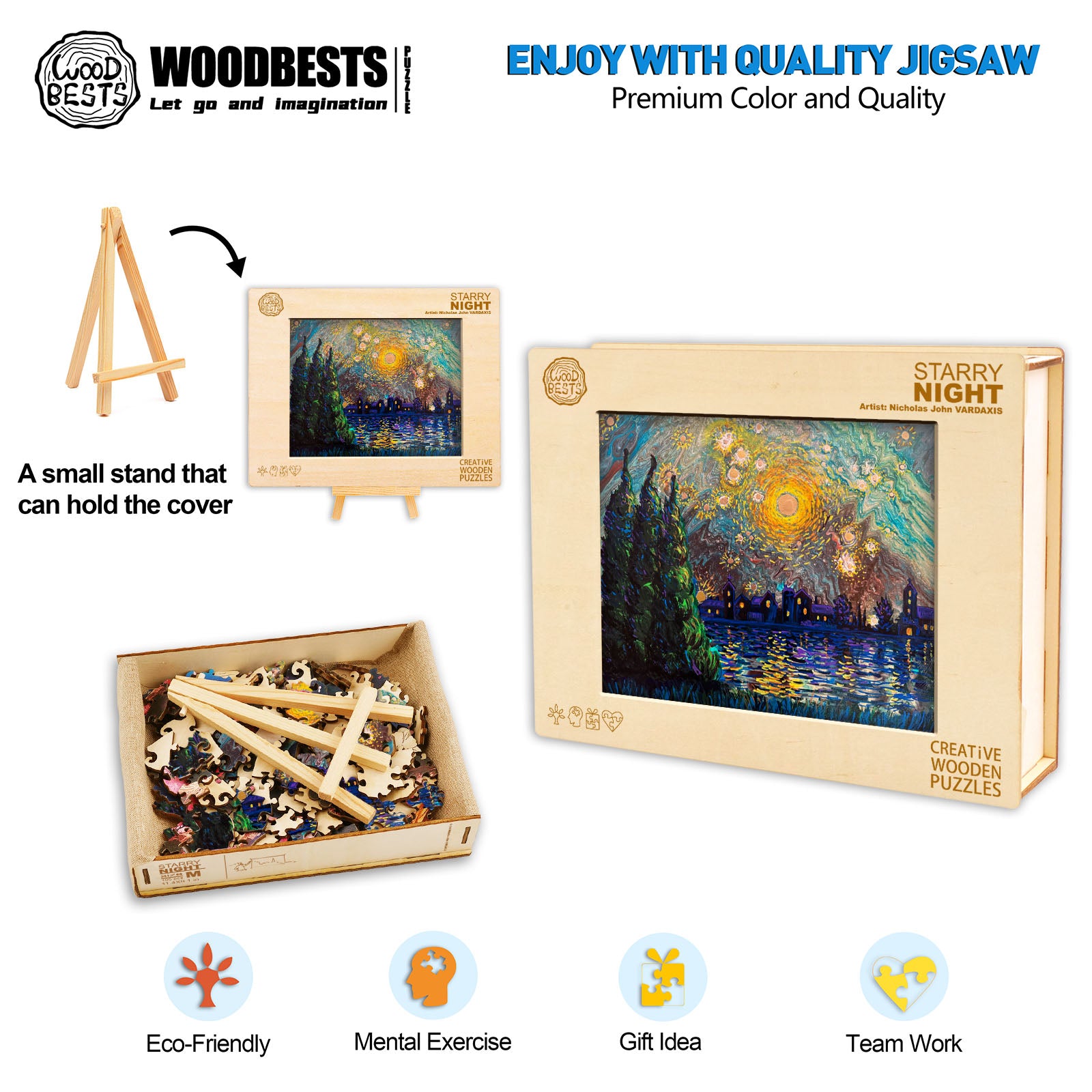 Starry Night jigsaw puzzle by Nicholas John VARDAXIS, showcasing eco-friendly design and ideal for gifts and teamwork.
