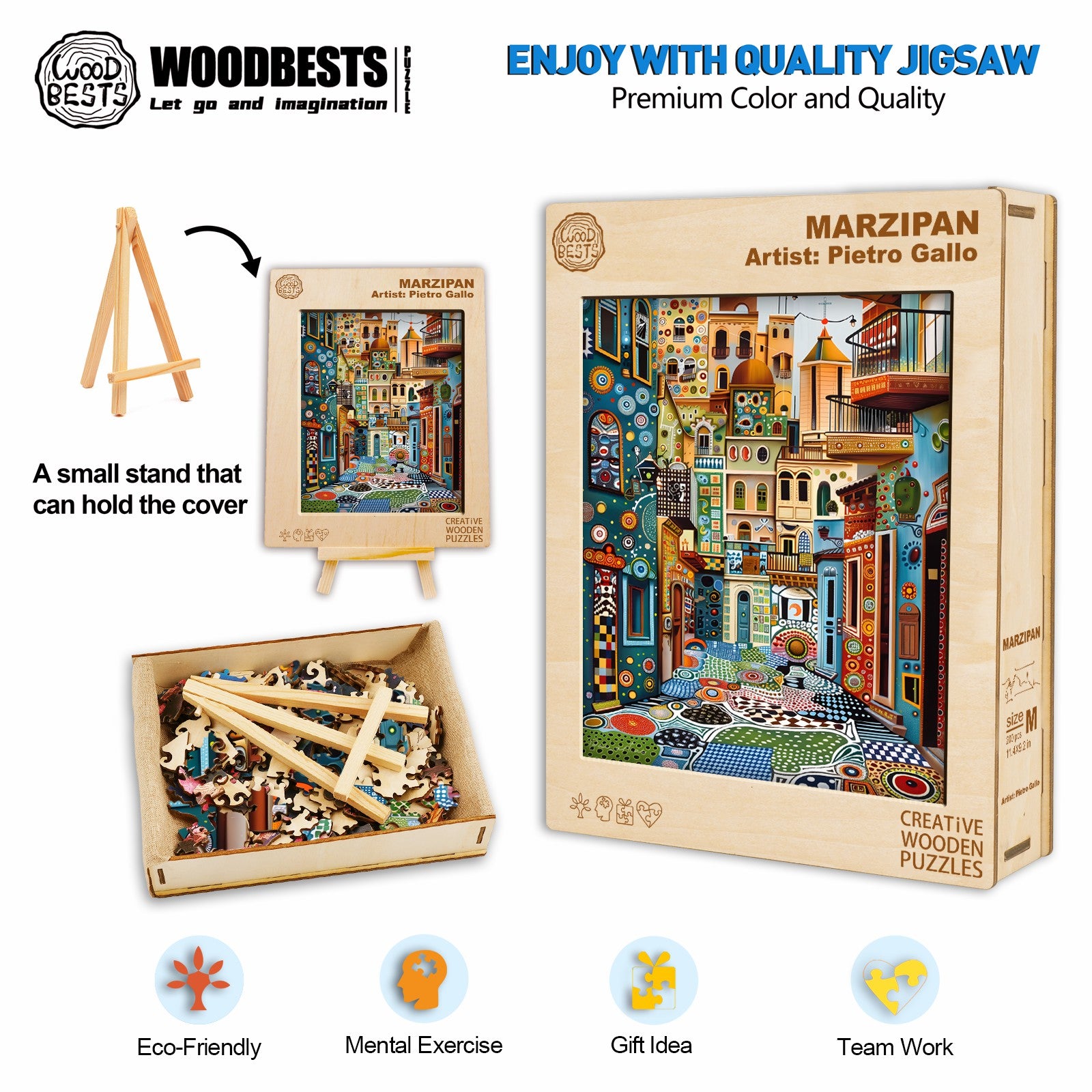 Marzipan jigsaw puzzle by artist Pietro Gallo, featuring vibrant artwork and eco-friendly wooden pieces for creative fun.