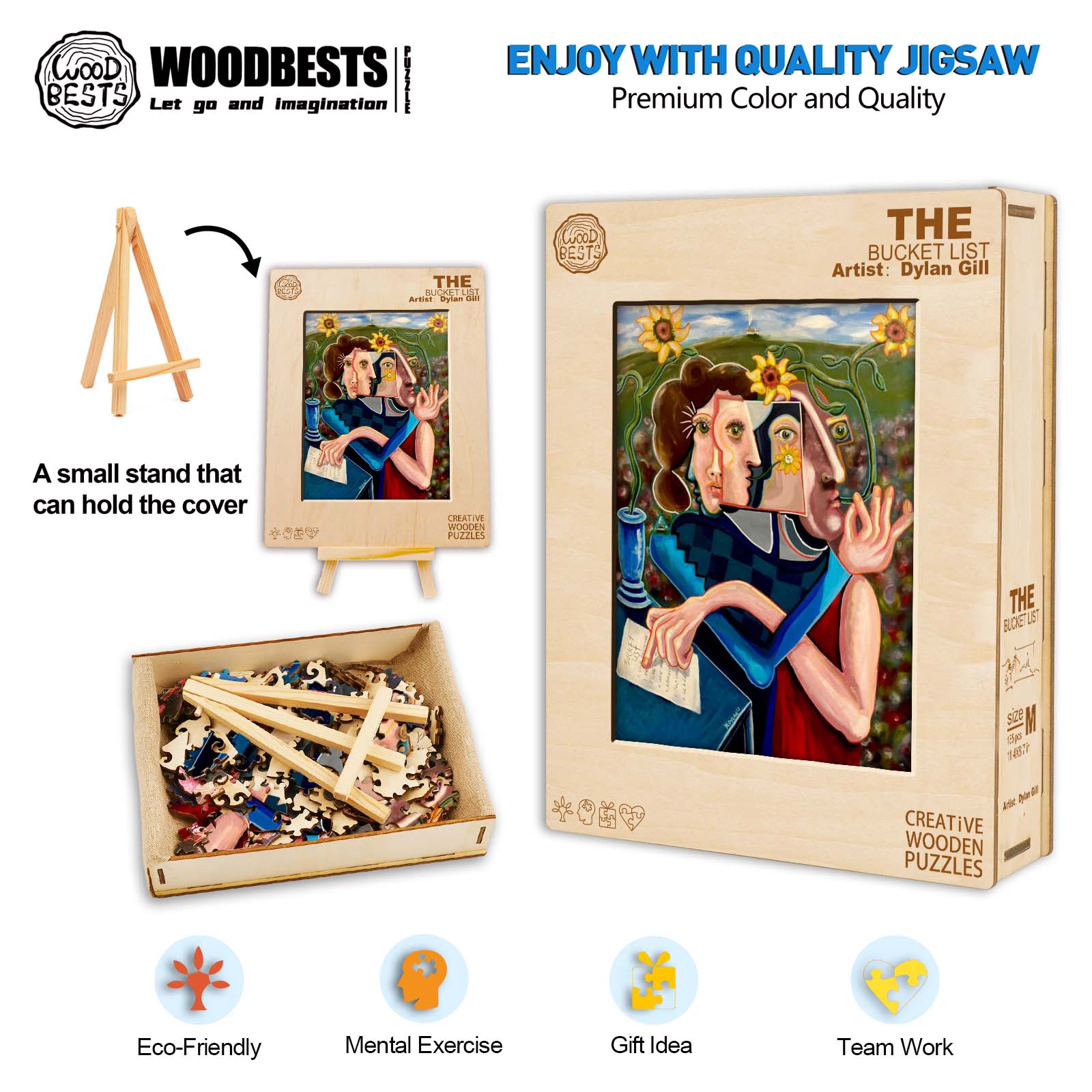 Artistic wooden jigsaw puzzle 'The Bucket List' by Dylan Gill showcasing color and creativity. Eco-friendly and perfect gift!