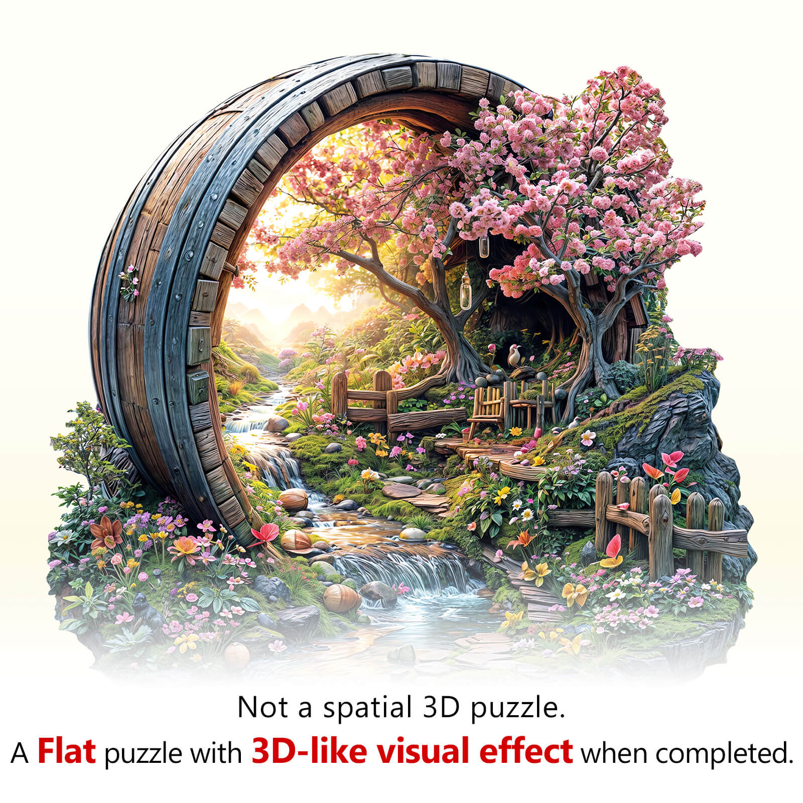 Barrel of Spring Wooden Jigsaw Puzzle featuring vibrant flowers and a scenic landscape, creating a stunning visual effect.