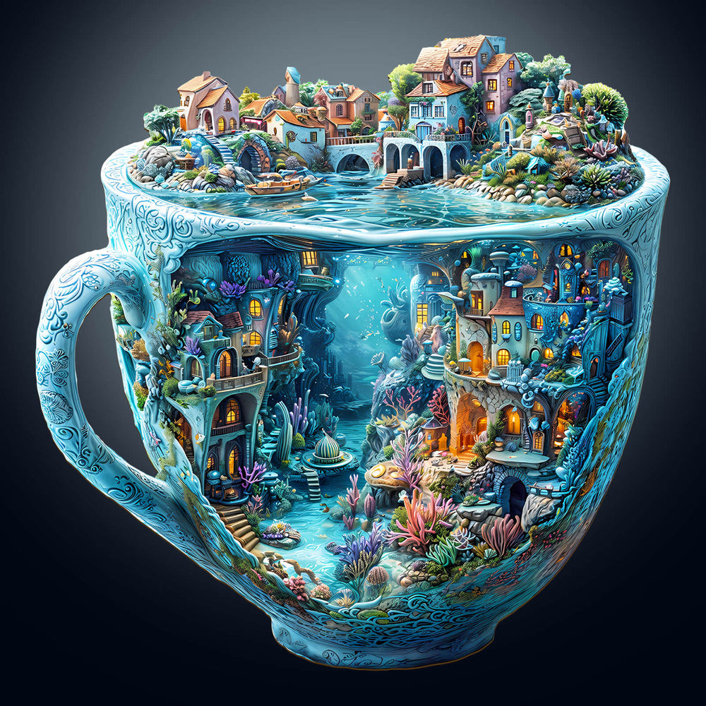 3D Ocean Mug Wooden Jigsaw Puzzle featuring coral reef and underwater village design, perfect for puzzle enthusiasts.