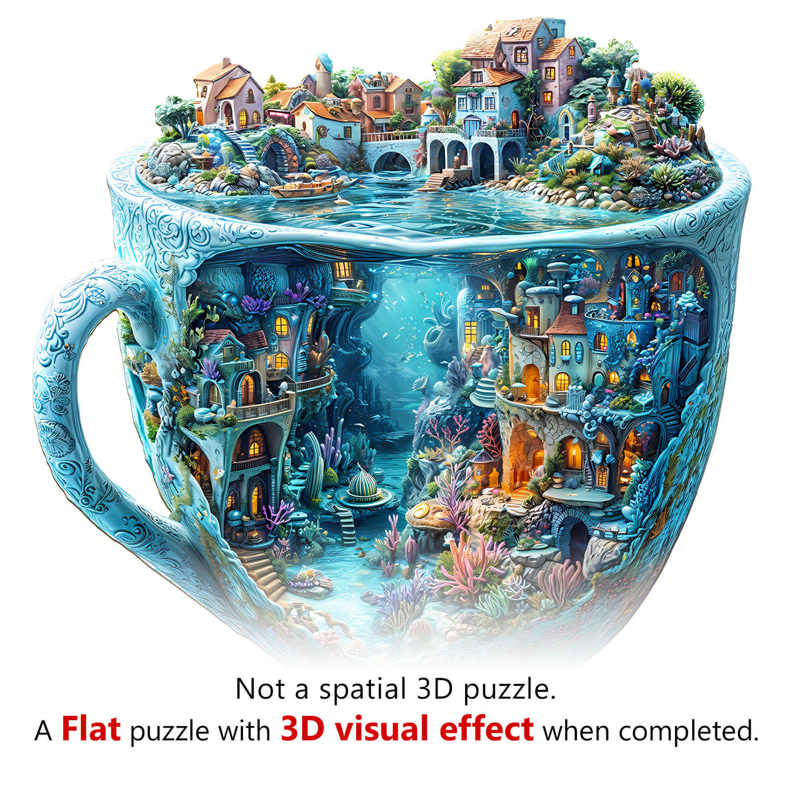 3D Ocean Mug Wooden Jigsaw Puzzle showcasing vibrant underwater scenes with a unique 3D visual effect.