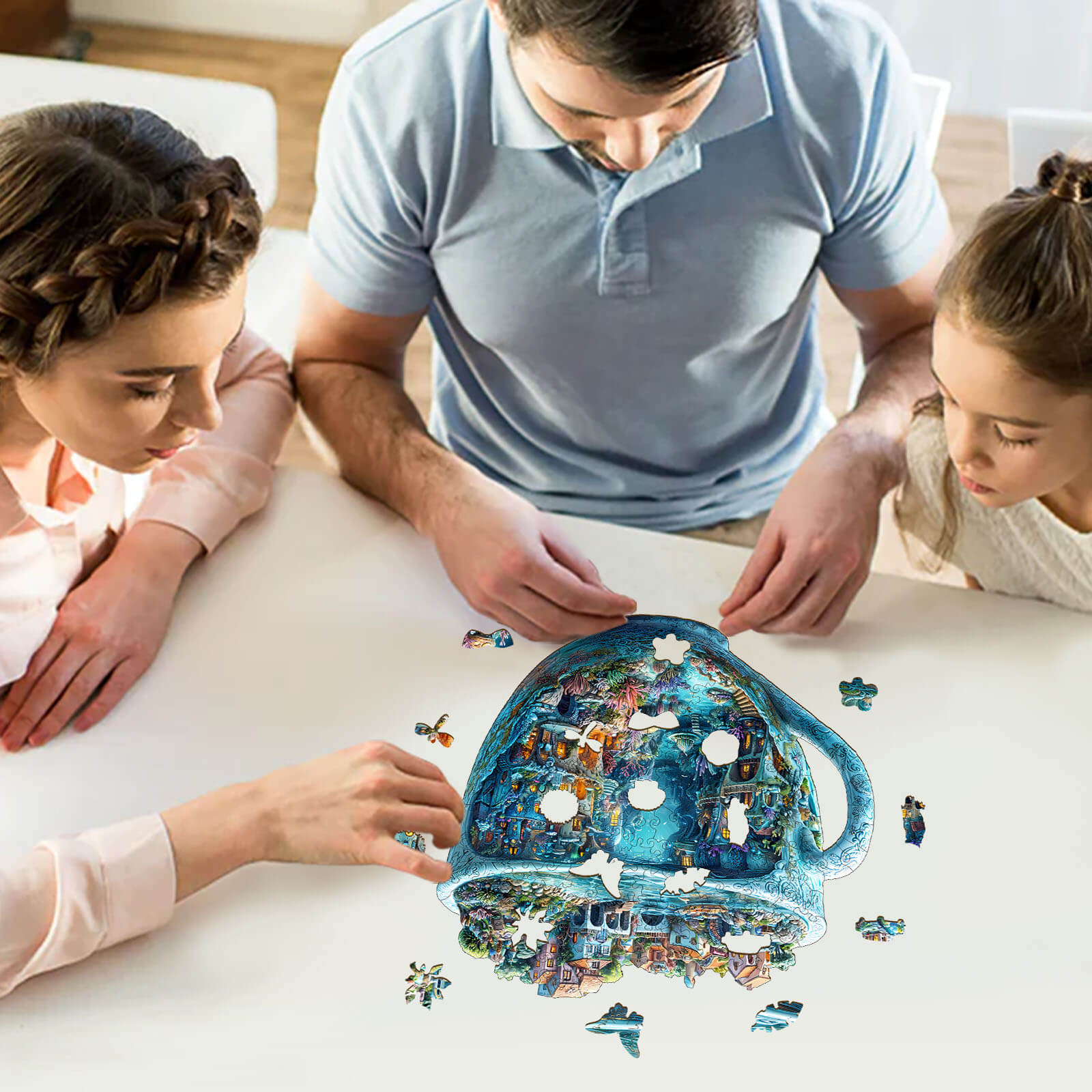 Family enjoying a 3D Ocean Mug Wooden Jigsaw Puzzle on a table, combining fun and creativity.