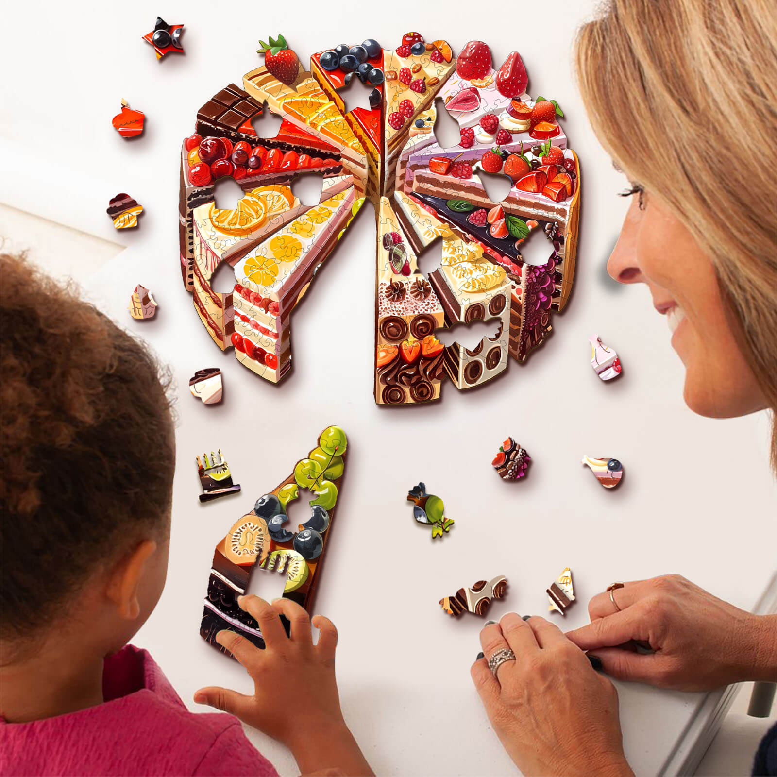 A child and adult enjoying a Delicious Cake wooden jigsaw puzzle, surrounded by colorful cake pieces.