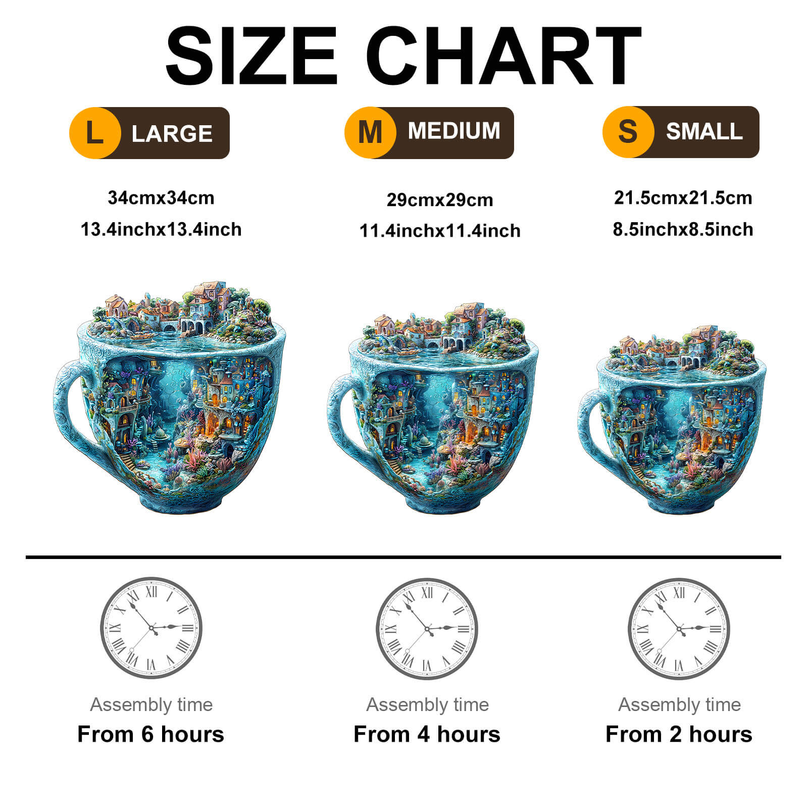 Size chart for 3D Ocean Mug Wooden Jigsaw Puzzle showing large, medium, and small dimensions with assembly times.