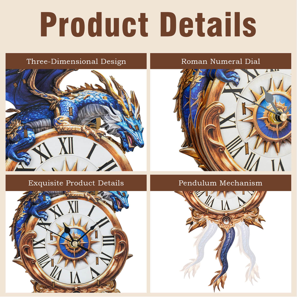Product details of Blue Dragon DIY Wooden Clock, showcasing 3D design, Roman numeral dial, exquisite craftsmanship, and pendulum mechanism.