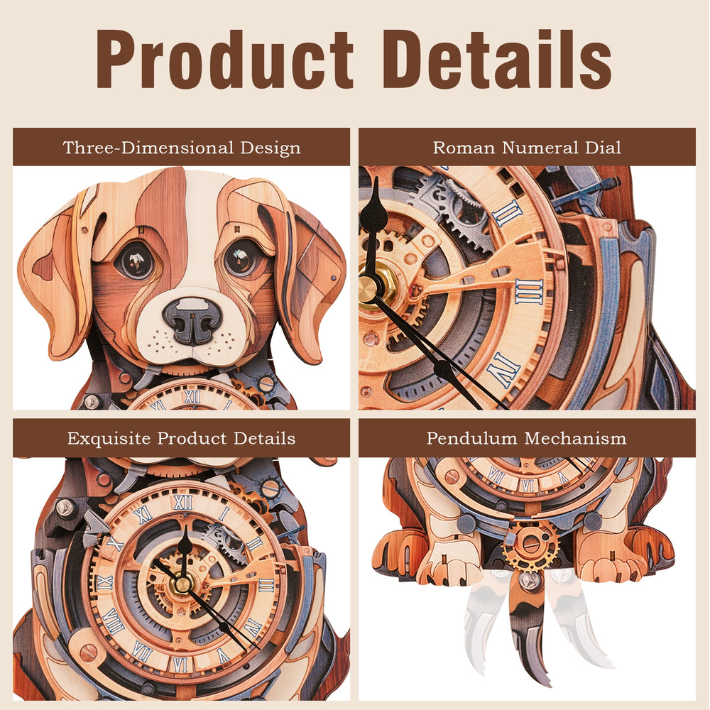 Cute Beagle DIY Wooden Clock with 3D design, Roman numeral dial, and exquisite craftsmanship details.