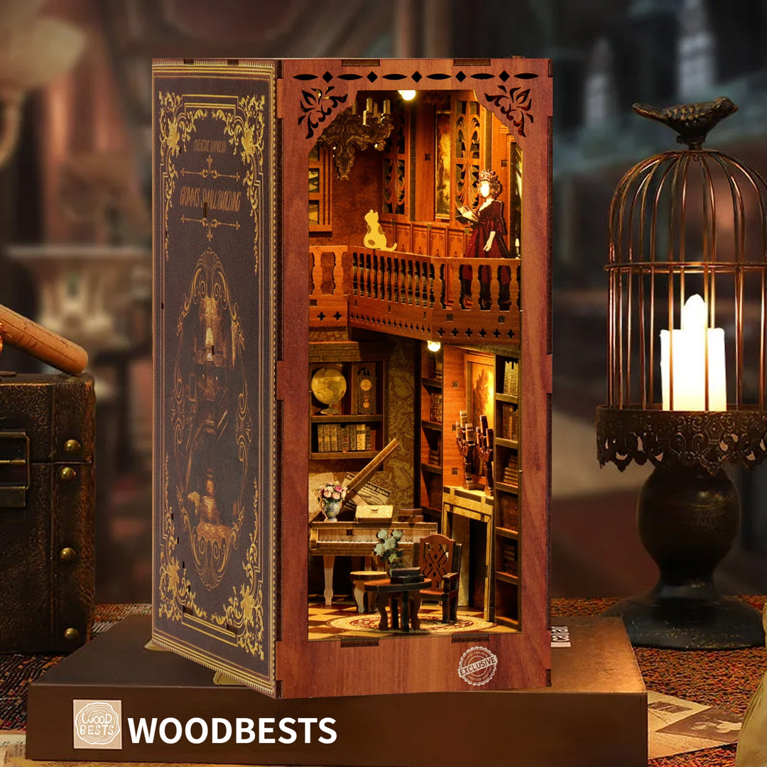 Grimm's Small Building DIY Book Nook Kit 3D wooden puzzle showcasing a detailed musical library design with modern lighting.