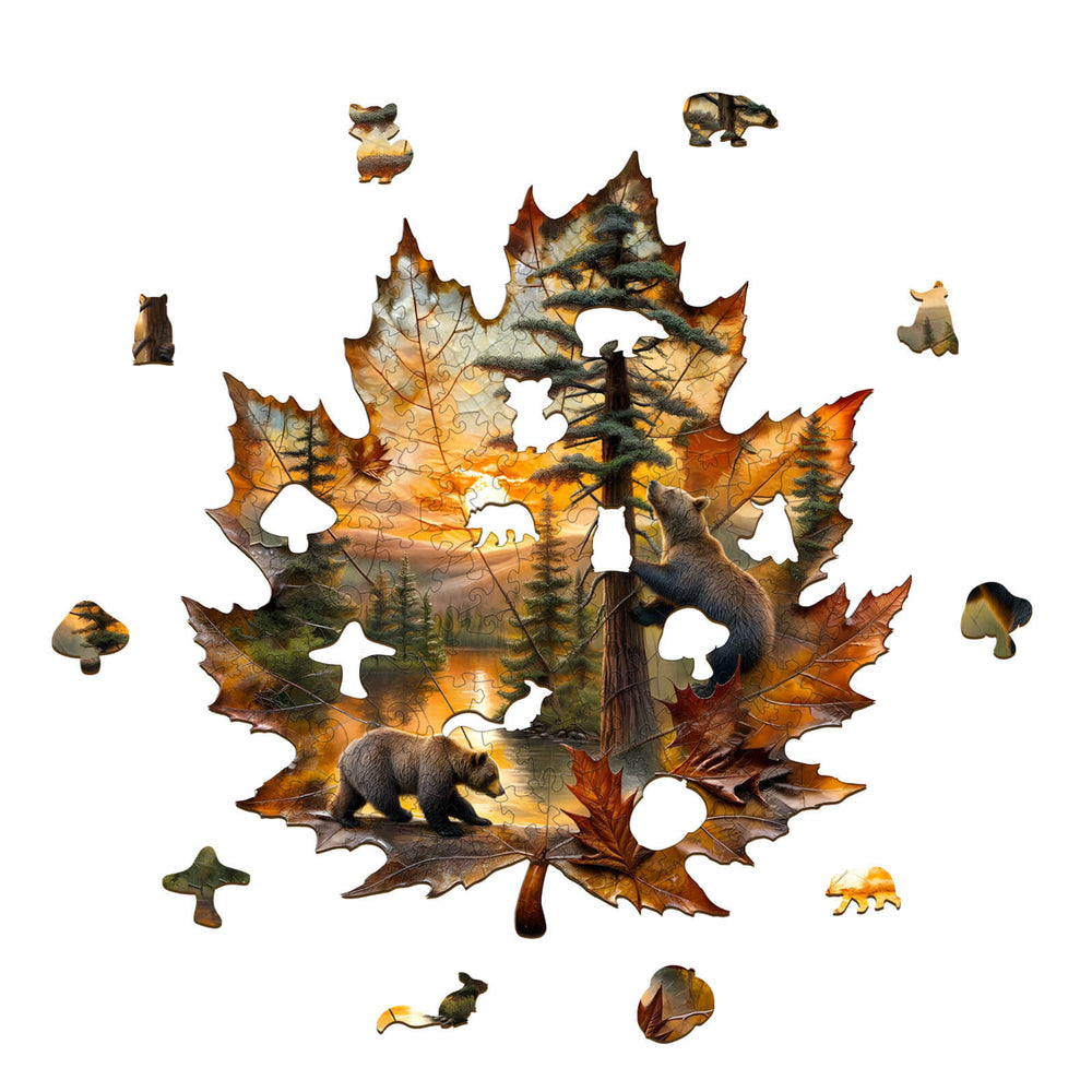 Brown Bear Autumn Wooden Jigsaw Puzzle shaped like a maple leaf, showcasing bears in a forest and sunset.