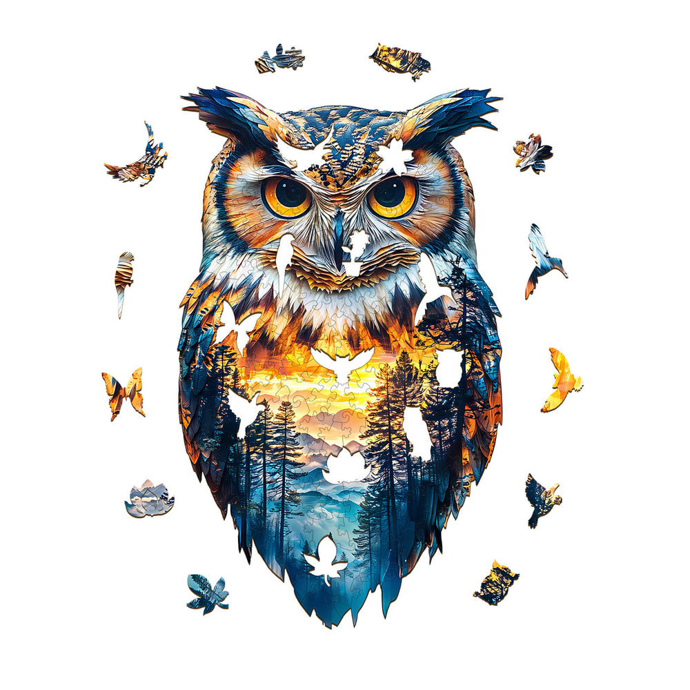 Forest Owl Wooden Jigsaw Puzzle featuring a vibrant owl design with nature elements and scattered puzzle pieces.