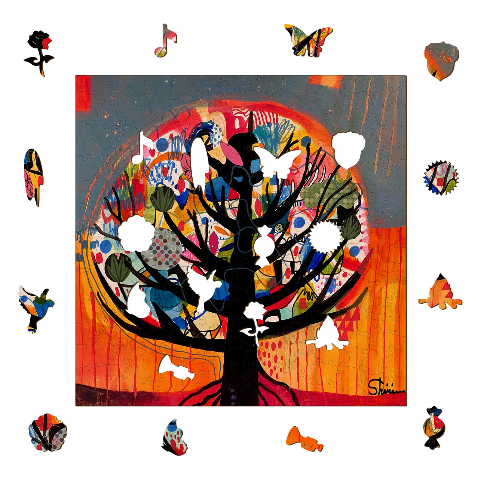 Artistic tree illustration with butterflies and musical notes by Shirin Moarefi, inspiring creativity and artistry.
