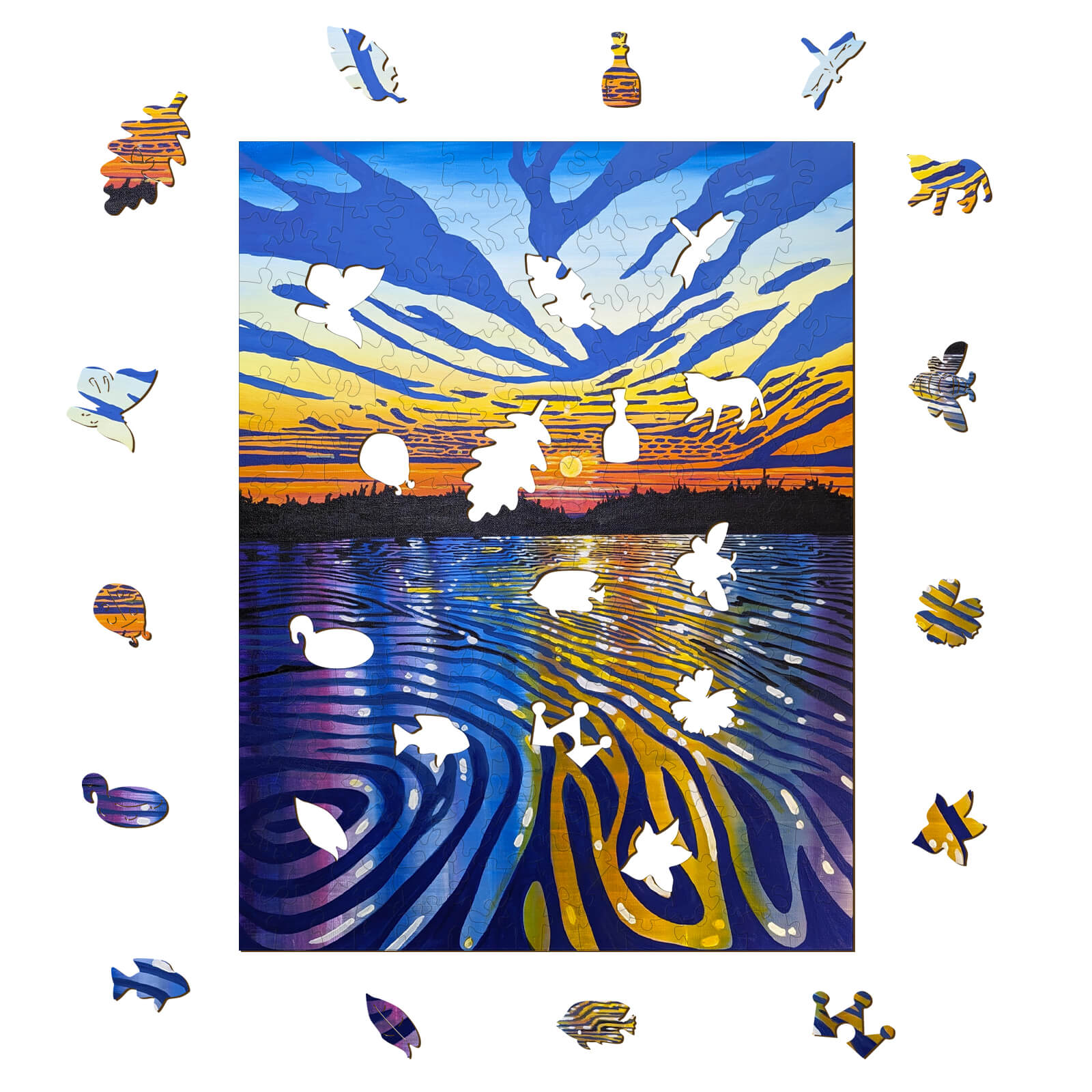 Colorful puzzle artwork of a sunset over water, surrounded by puzzle pieces featuring aquatic life and nature elements.