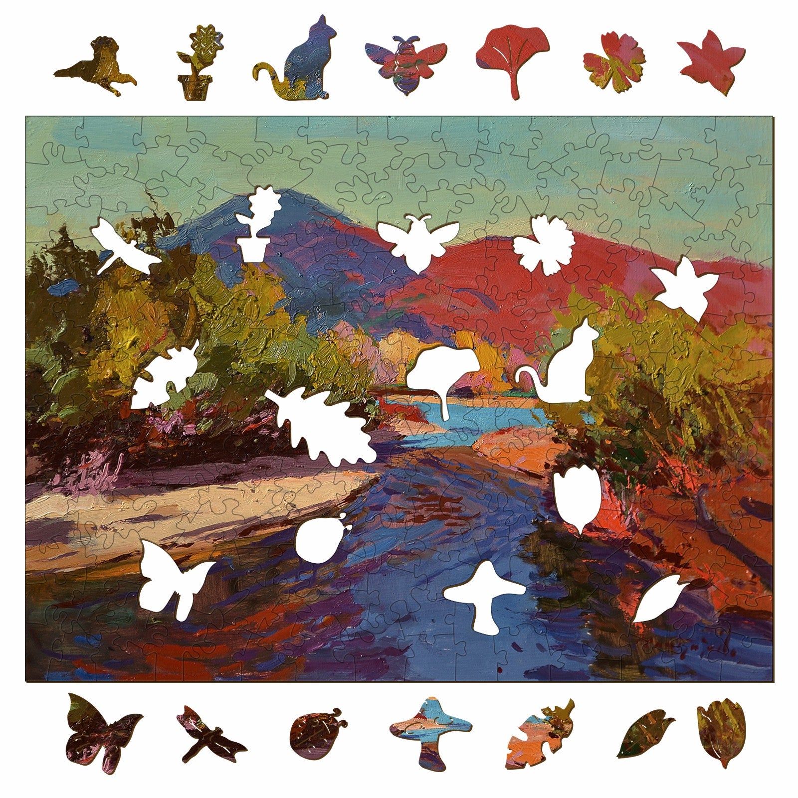 Colorful puzzle artwork featuring landscape and nature-themed pieces by artist Alexander Shandor.