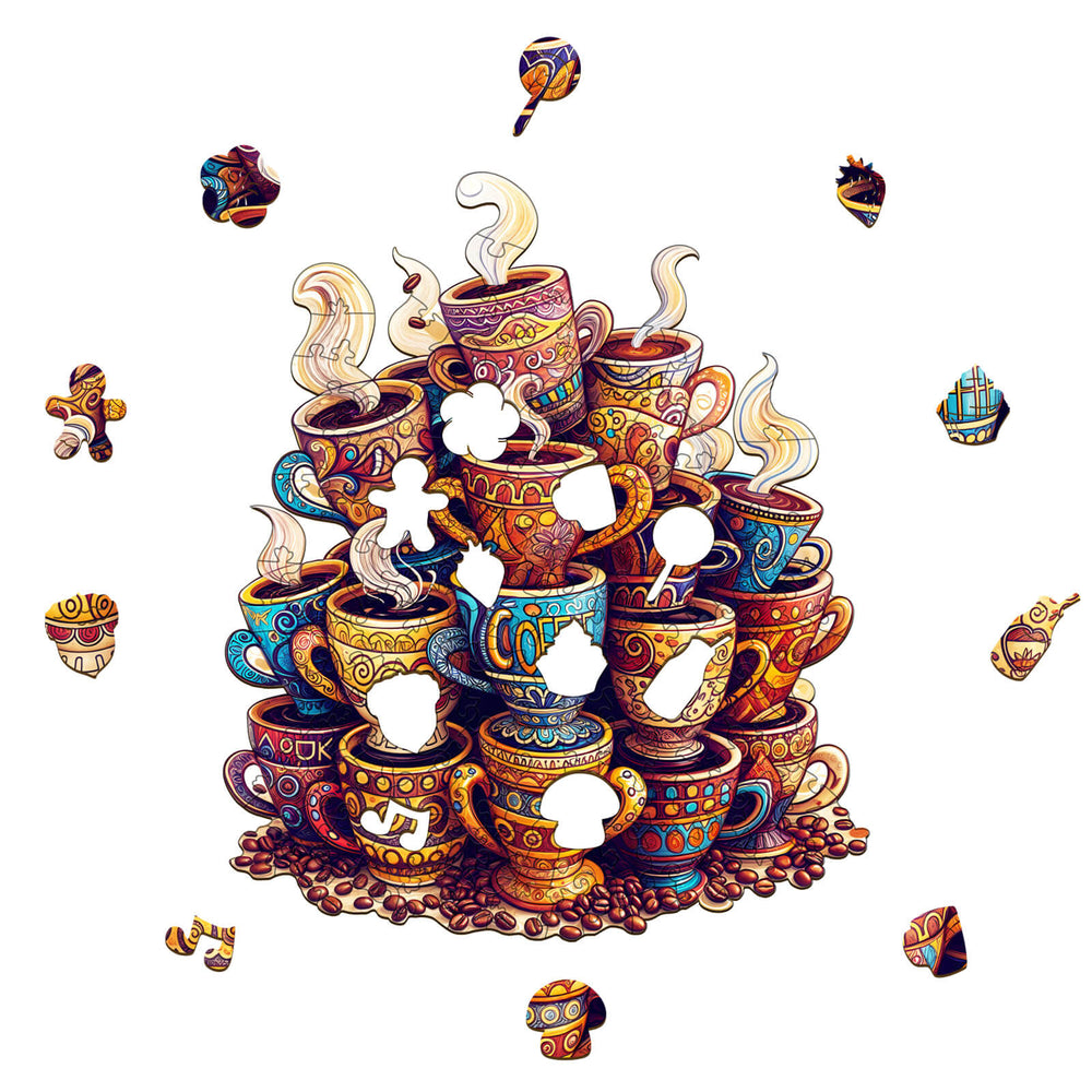 Colorful Coffee Dreams wooden jigsaw puzzle with intricately designed steaming mugs and missing pieces.