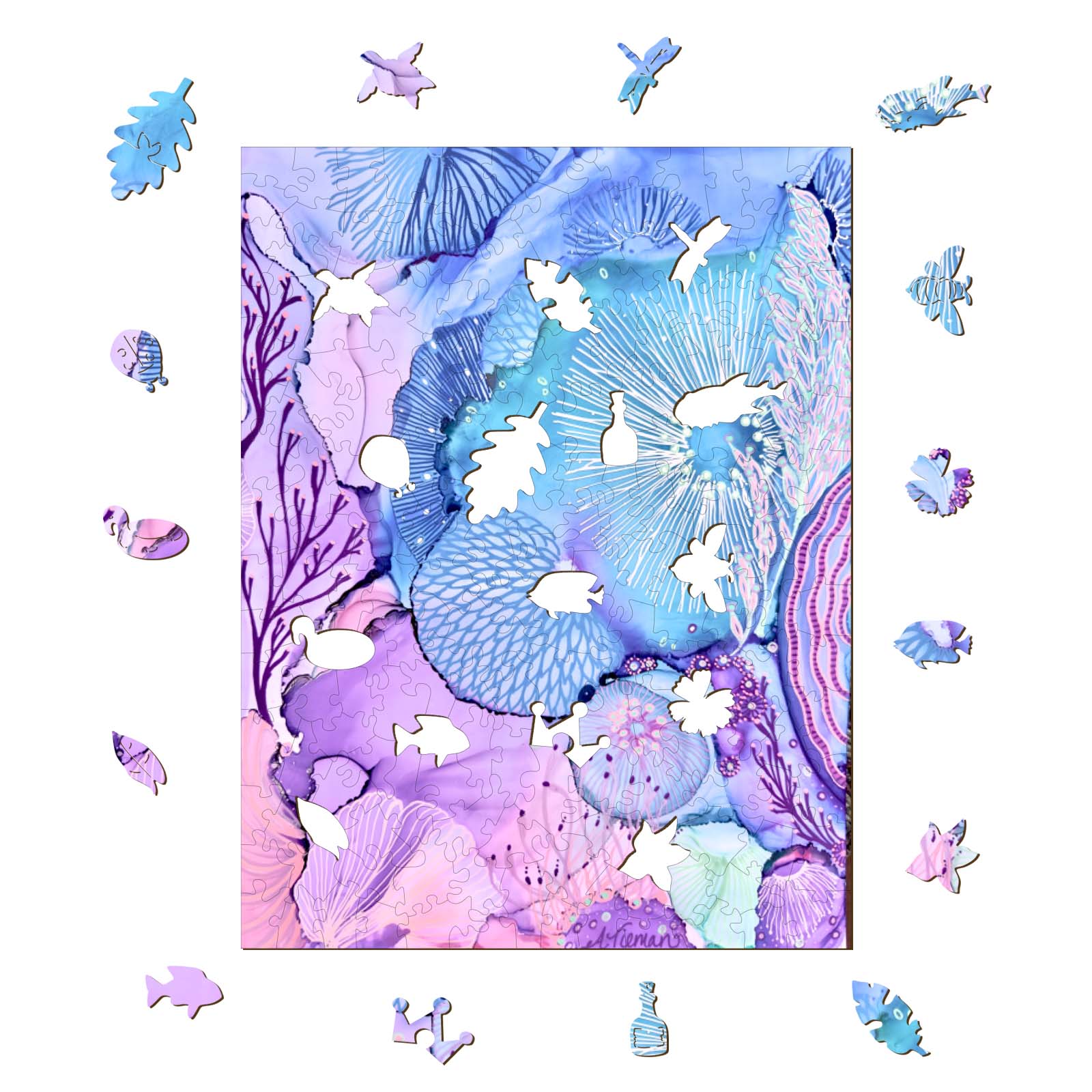 Colorful coral reef puzzle artwork featuring fish and ocean elements by artist Amy Tieman, inspired by aquatic tranquility.