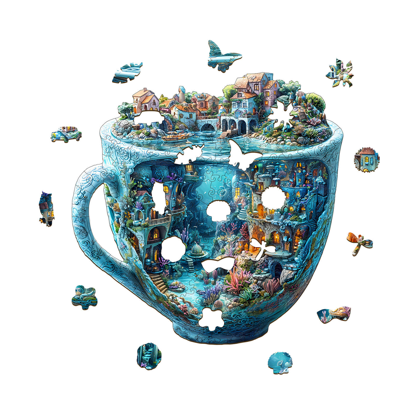3D Ocean Mug Wooden Jigsaw Puzzle showcasing intricate underwater architecture with colorful jigsaw pieces.