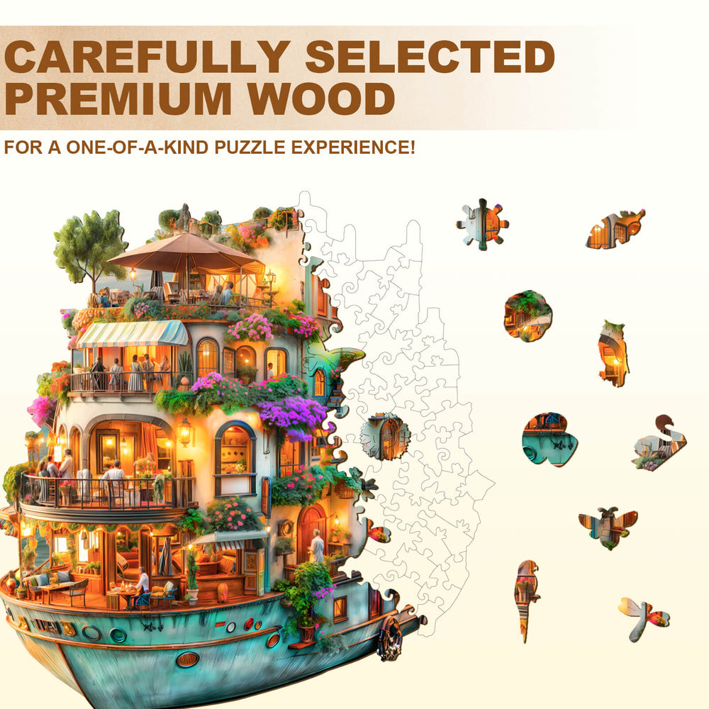 Voyage Garden Wooden Jigsaw Puzzle featuring colorful, intricately designed wooden pieces for a unique puzzle experience.