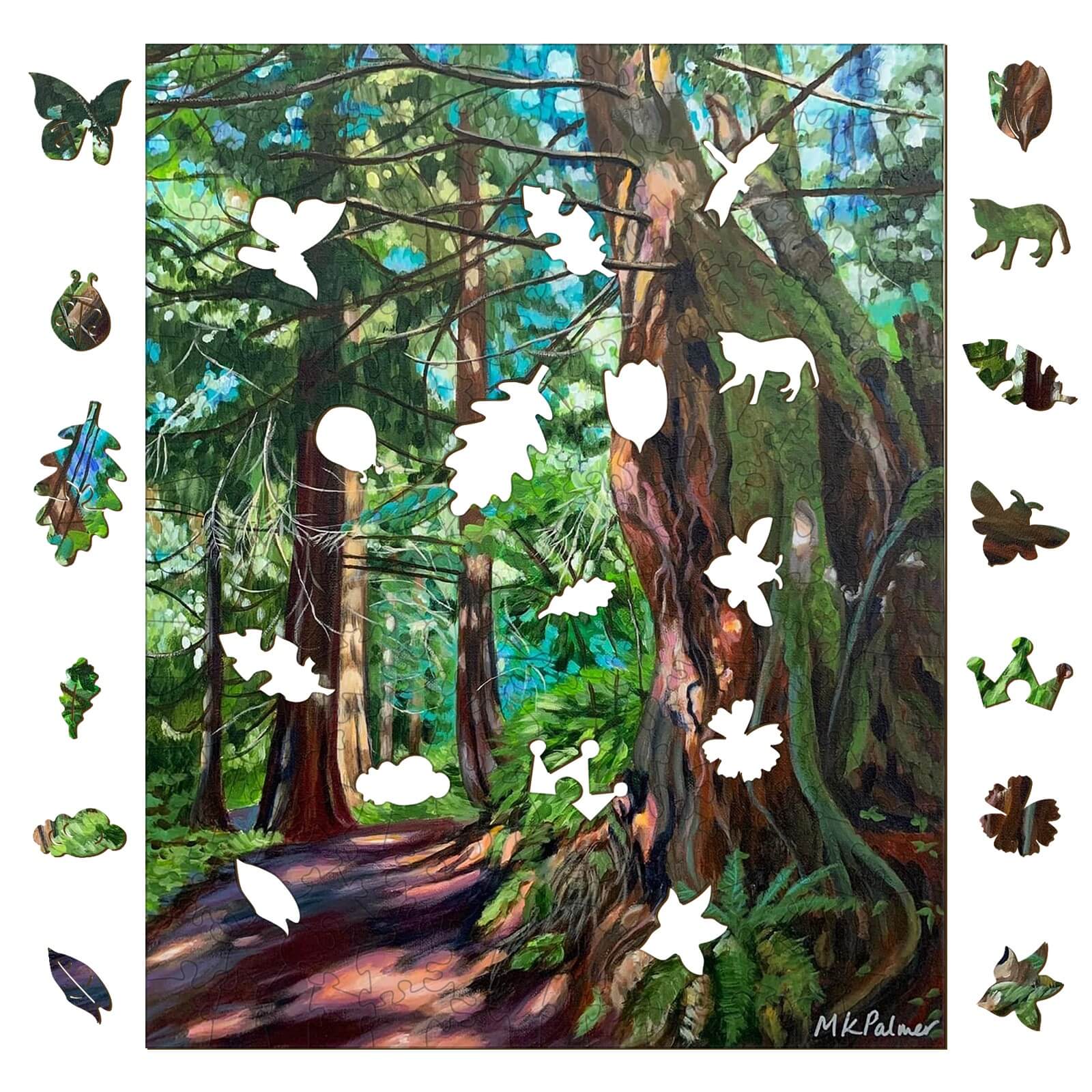 Dappled and Gnarly art piece by Marianne K Palmer, featuring a forest scene with cut-out animal and leaf shapes.