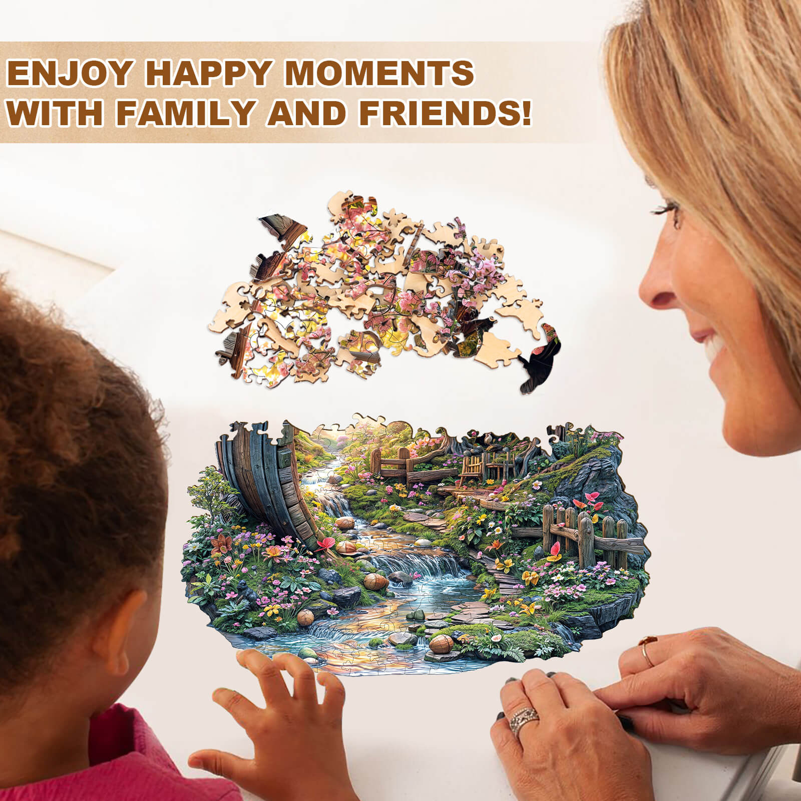 Woman and child working on Barrel of Spring wooden jigsaw puzzle, enjoying memorable family moments together.