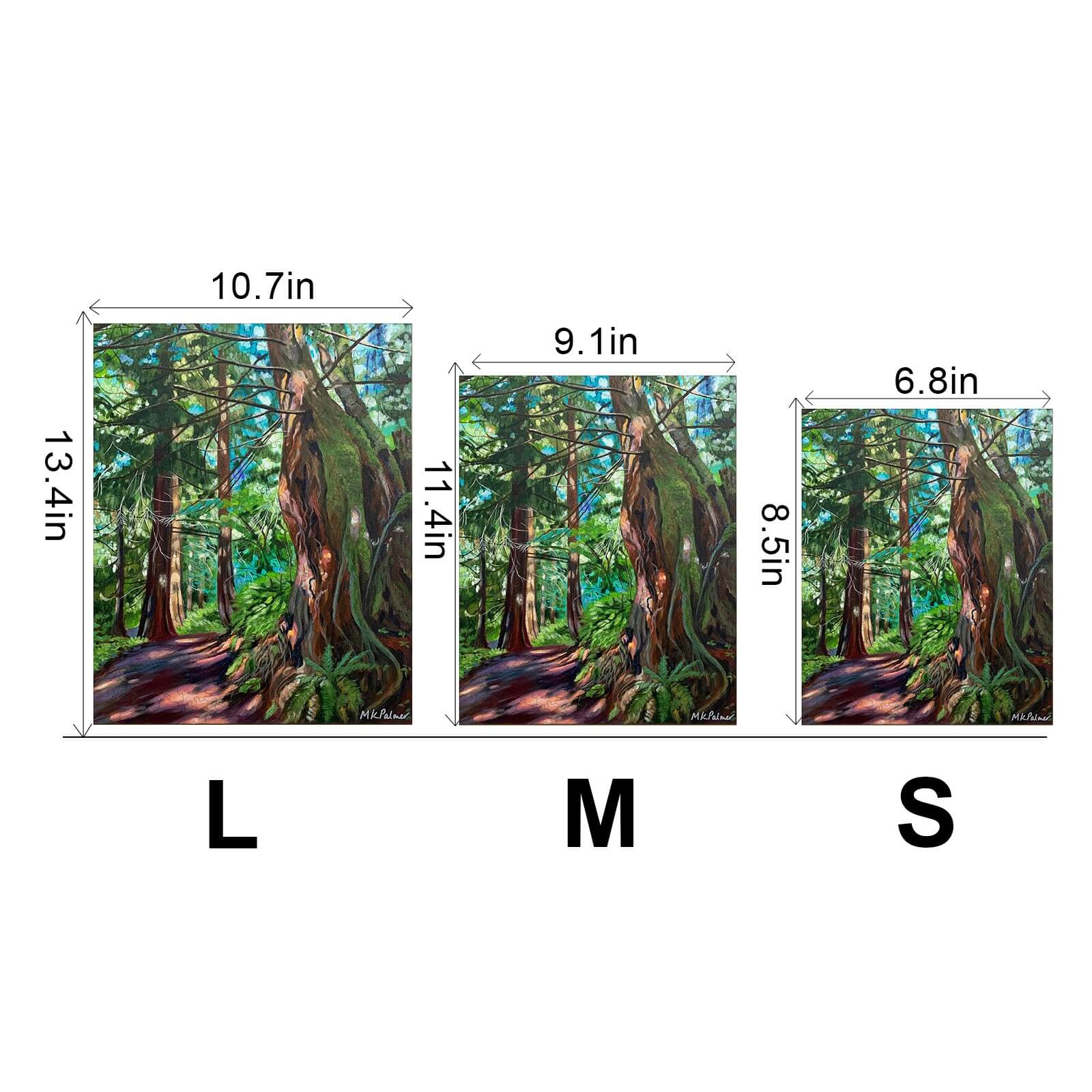 Dappled and Gnarly artwork sizing options - by Marianne K Palmer, featuring lush forest scenery.