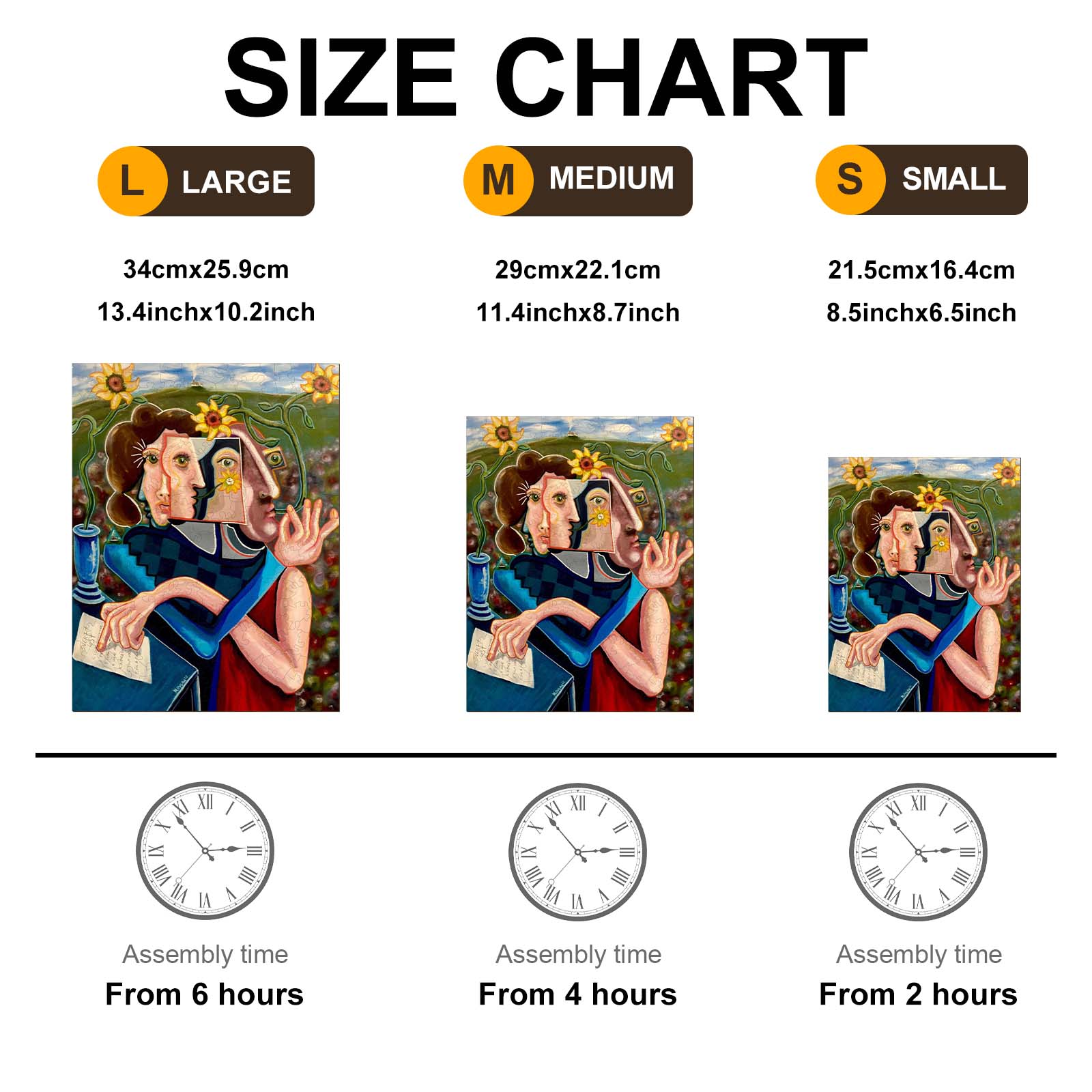 Size chart for 'The Bucket List' artwork by Dylan Gill showing large, medium, and small options with assembly times.