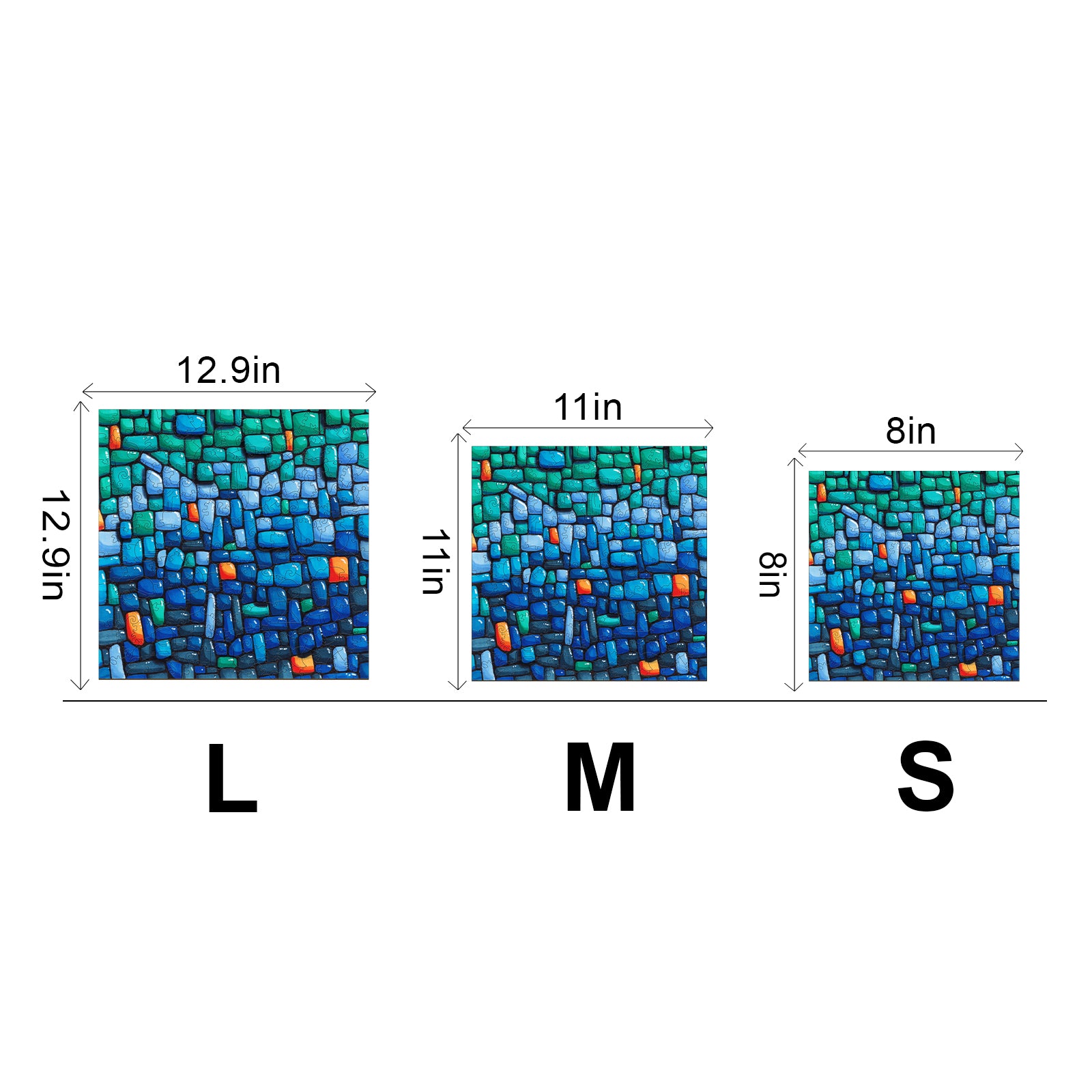 Artwork titled 'Blue Wall' by Erin Desjardine, showing three sizes: Large (12.9in), Medium (11in), and Small (8in).