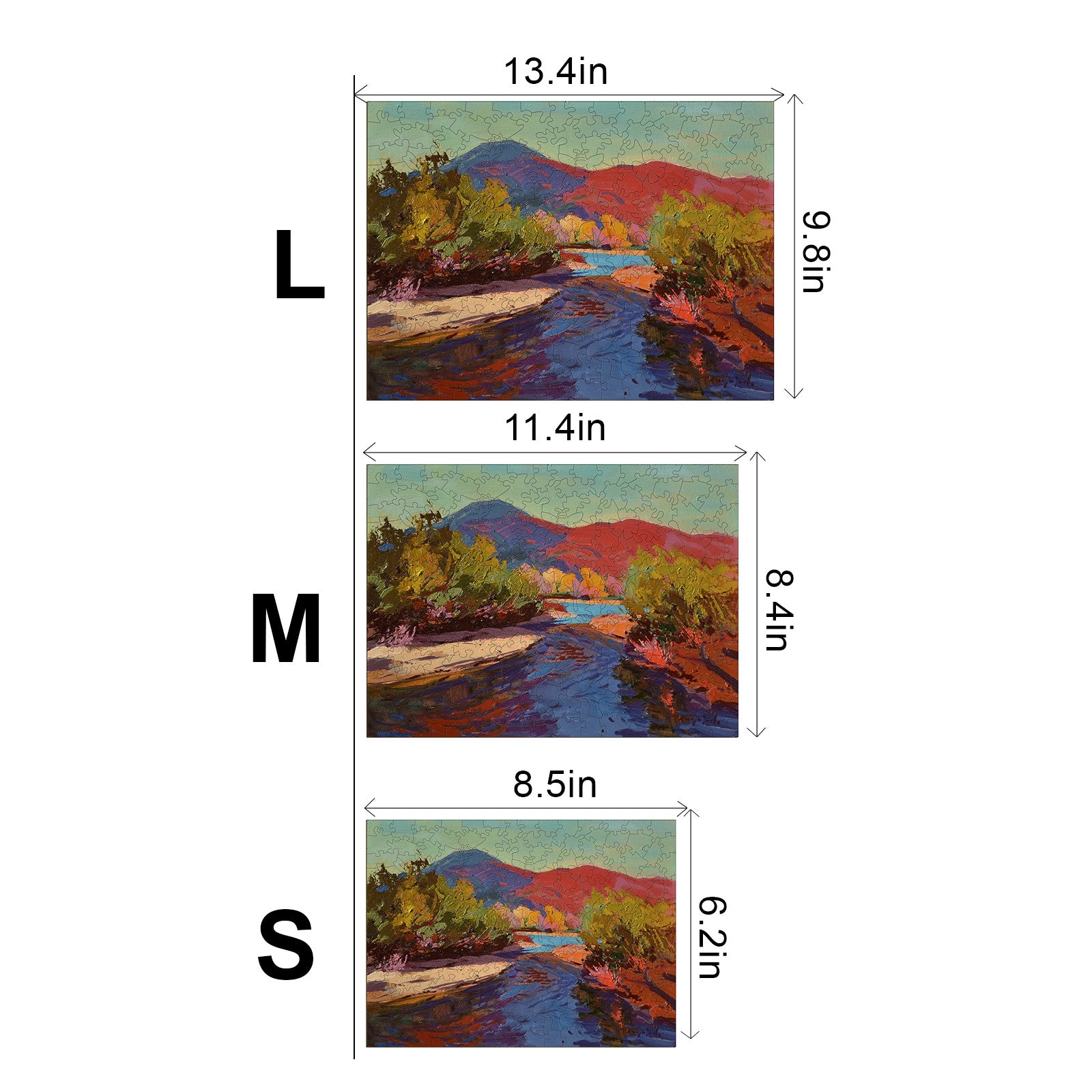 Evening artwork by Alexander Shandor displayed in three sizes: L, M, S, featuring vibrant landscapes and a flowing river.