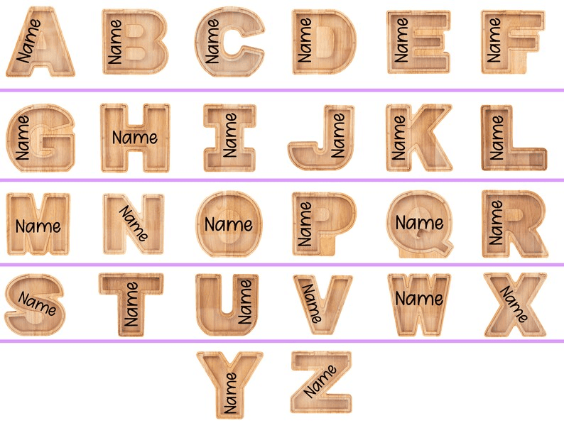 Personalized wooden letters for kids piggy bank, featuring A-Z with customizable names.