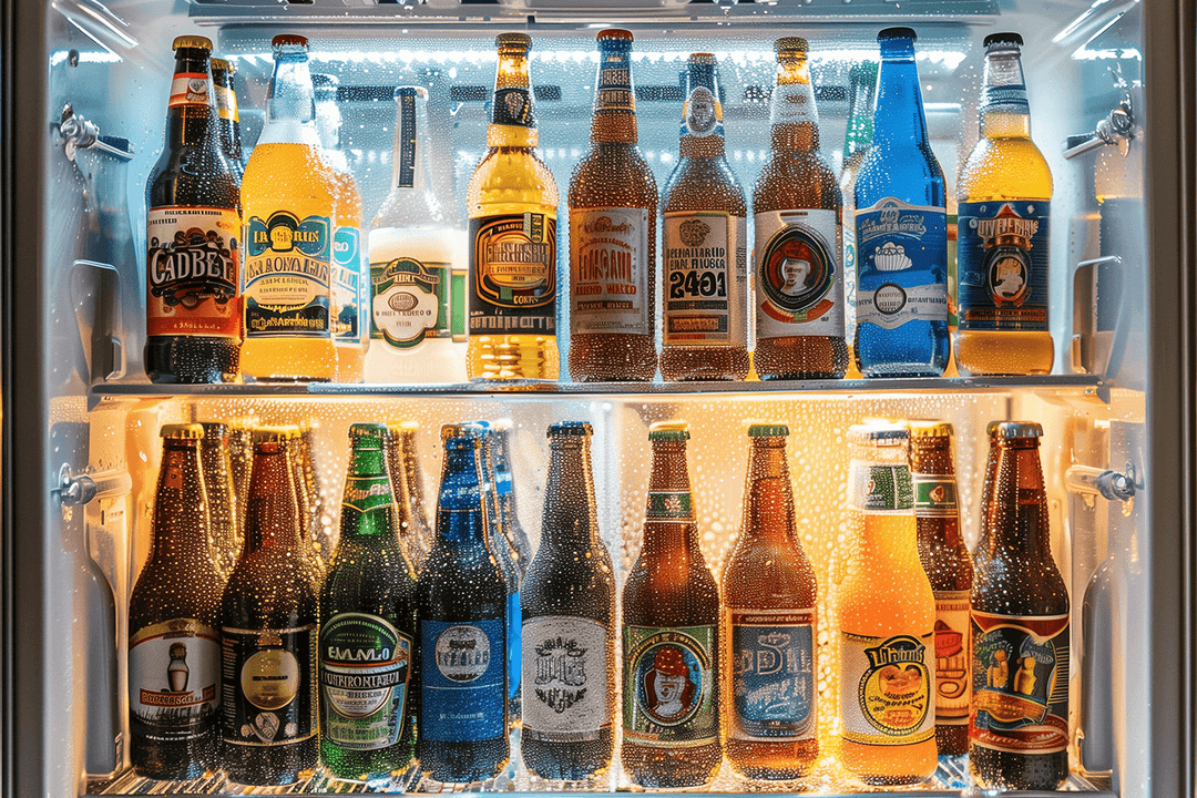 Refrigerator stocked with an array of colorful bottled drinks, showcasing various brands and flavors.